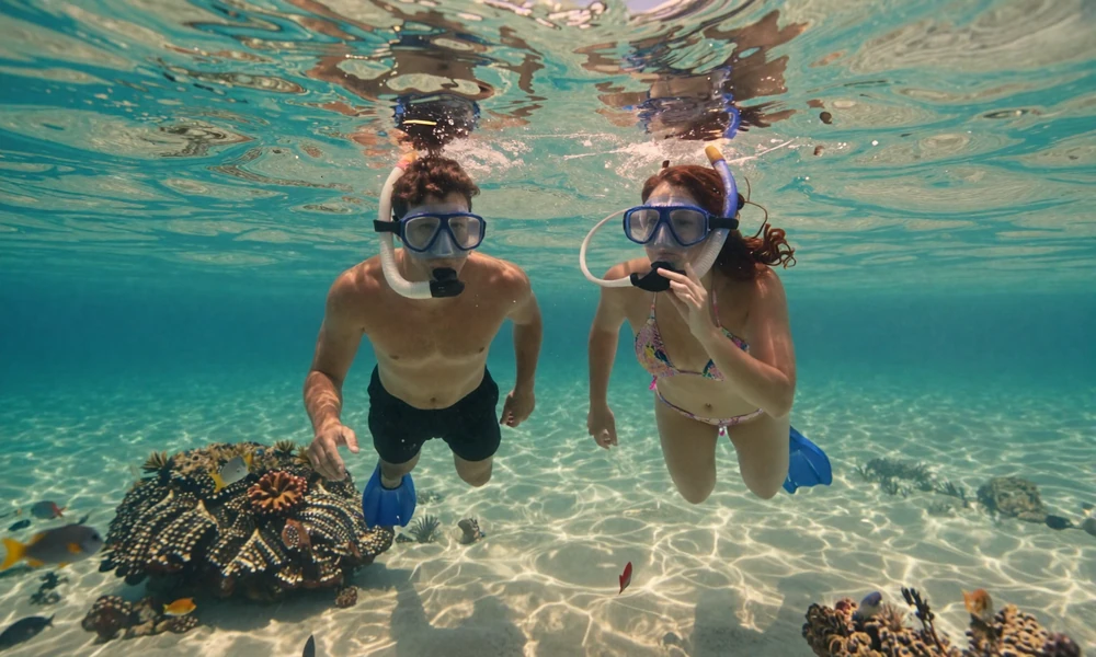 Couple snorkeling together in Bahamas
