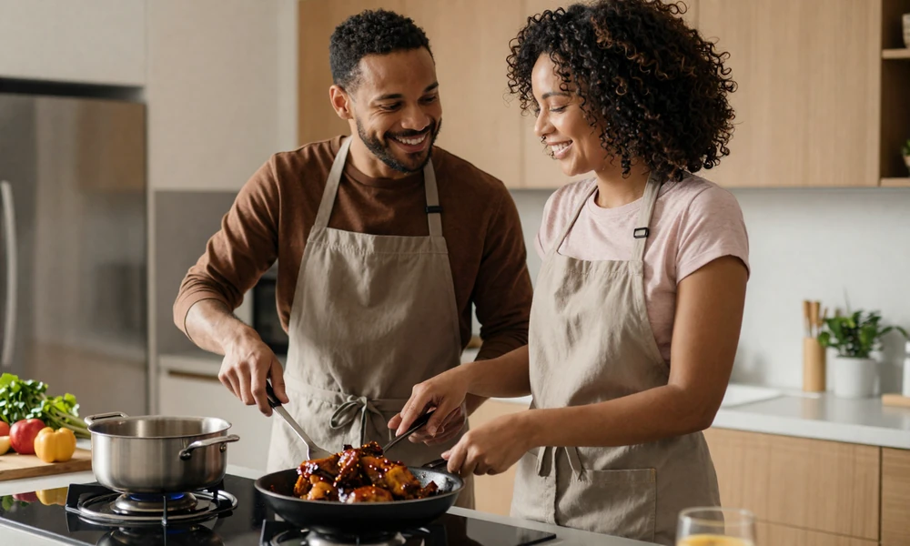 Couple cooking Jamaican food together