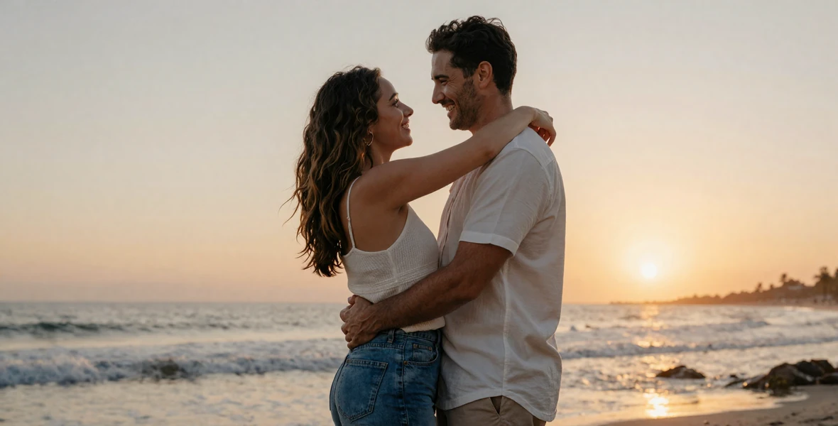 Happy international couple embracing at sunset