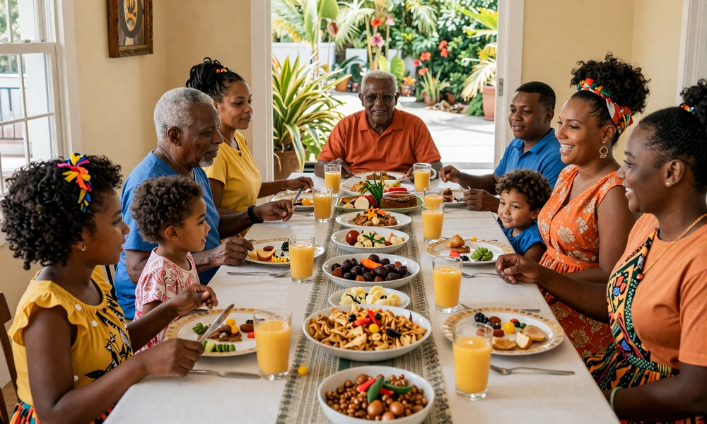 Trinidadian multi-generational family Sunday lunch gathering