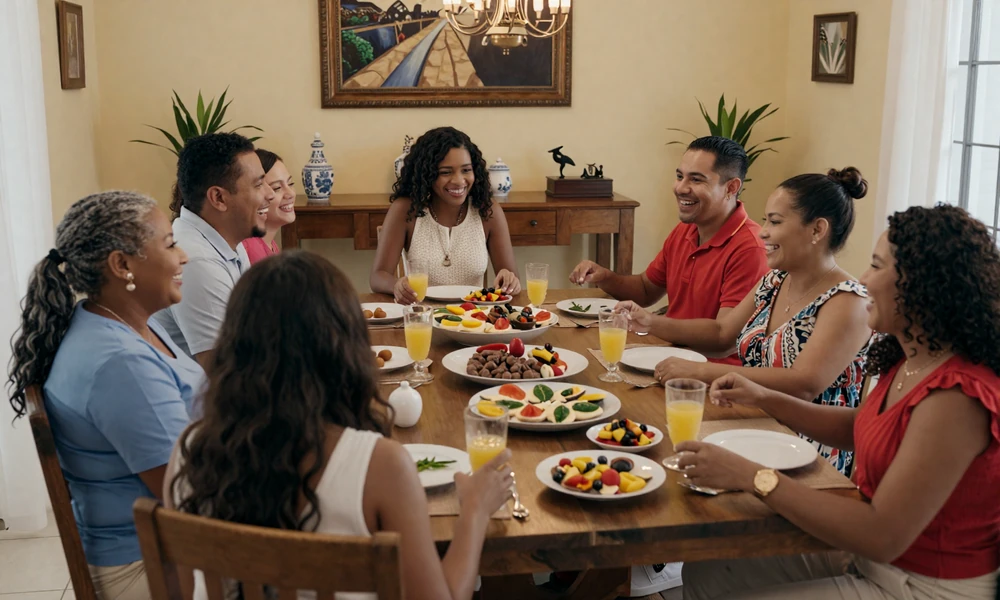 Dominican family gathering with traditional food and celebration