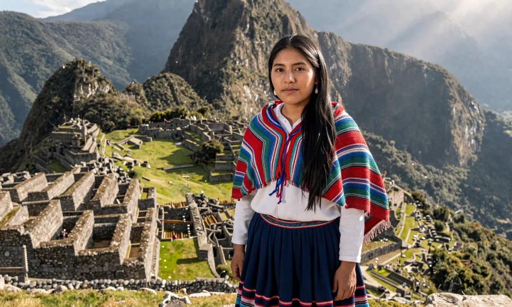 Peruvian woman at Machu Picchu in traditional clothing