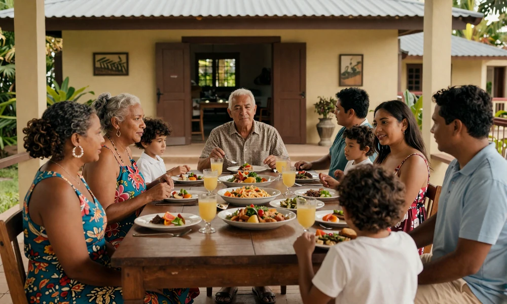 Saint Lucian family gathering with traditional meal