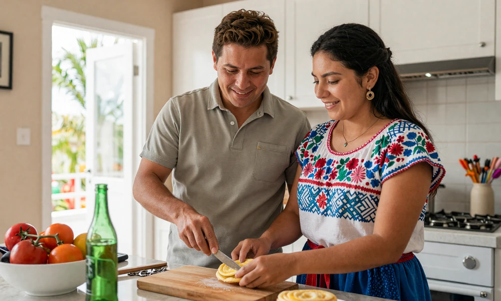 American man and Salvadoran woman cooking together