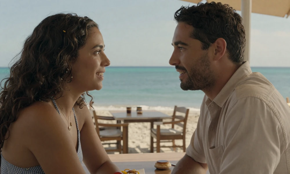 Couple having deep conversation at Belizean beachside café